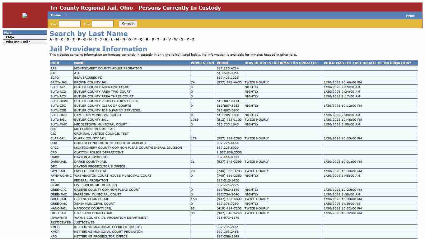 Tri-County Regional Jail, Ohio - Persons Currently In Custody